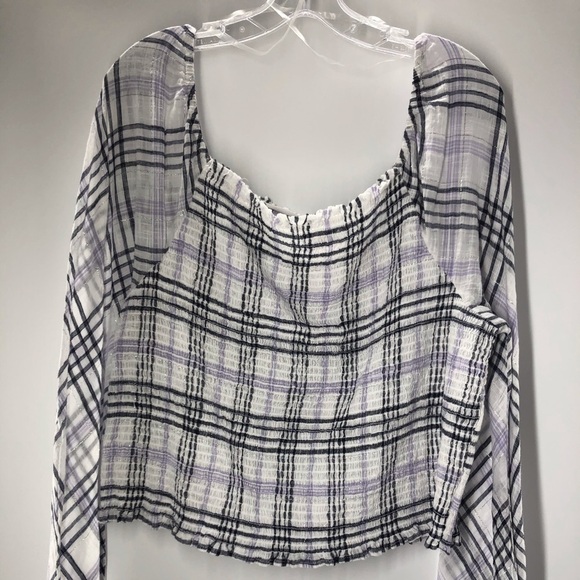 INC Off the Shoulders Ribbed Plaid Purple & Gray - Picture 3 of 7